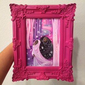 Escape into the pink forest original painting framed art illustration